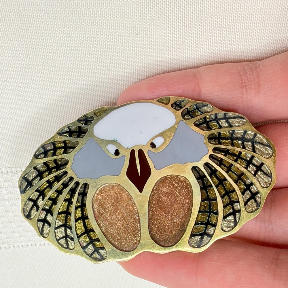 Vintage Cloisonnรฉ Style Owl/Vulture Enamel Inlay Brass Belt Buckle